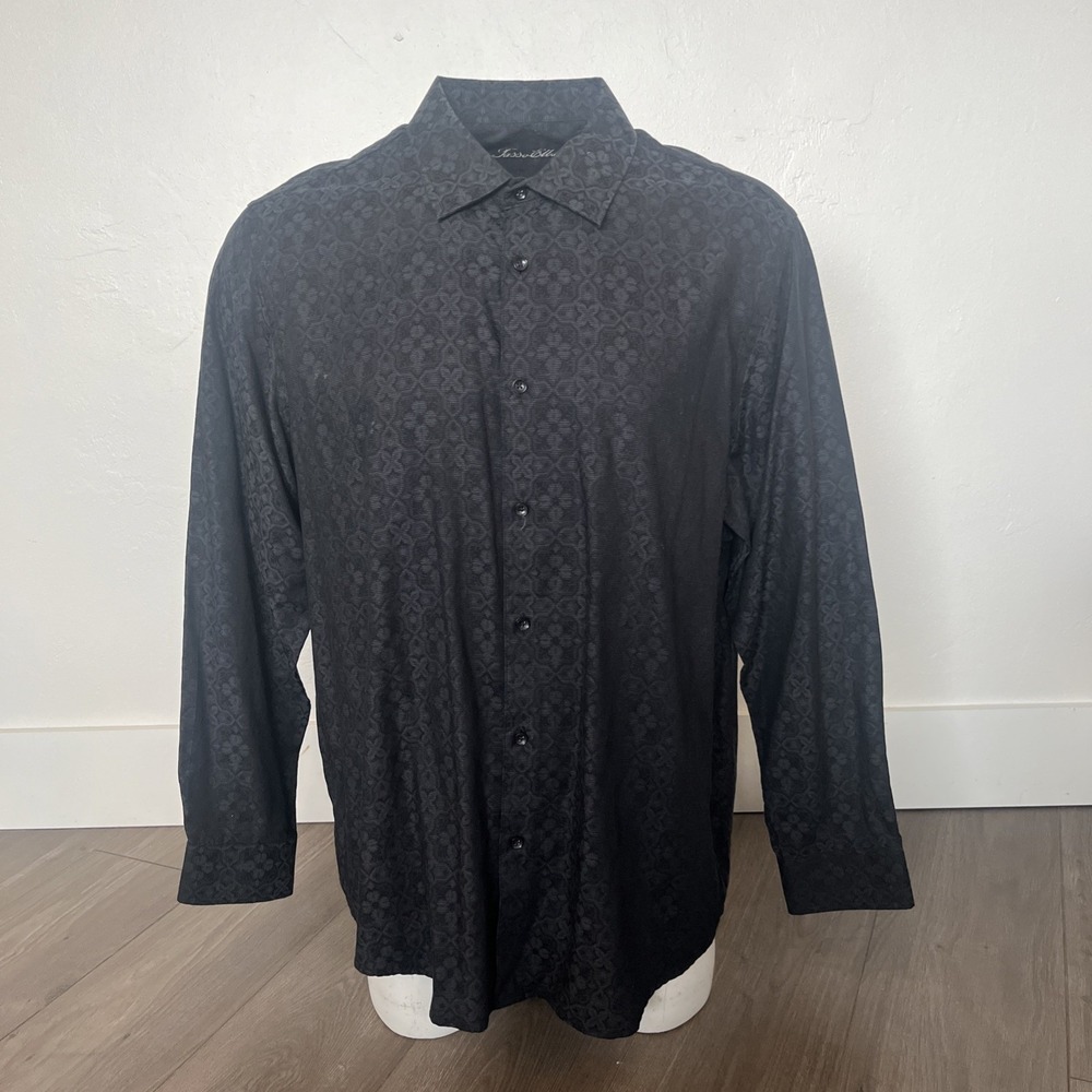 Tasso Elba Mens 2XL Long Sleeve Button Up Shirt Black 4-Lead Clover Stitch